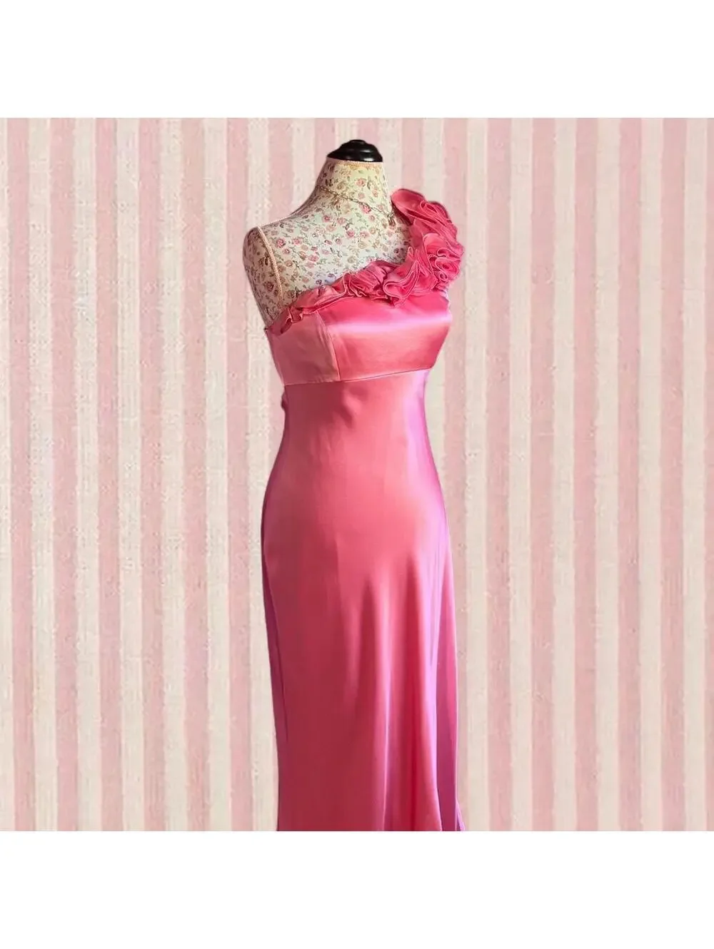 silk pink floor length dress with floral ruffles - Picture 5 of 8